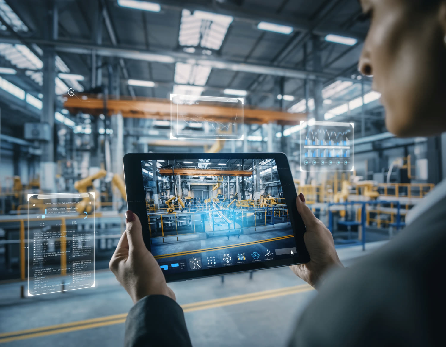 Operator monitoring an automated manufacturing floor on a tablet